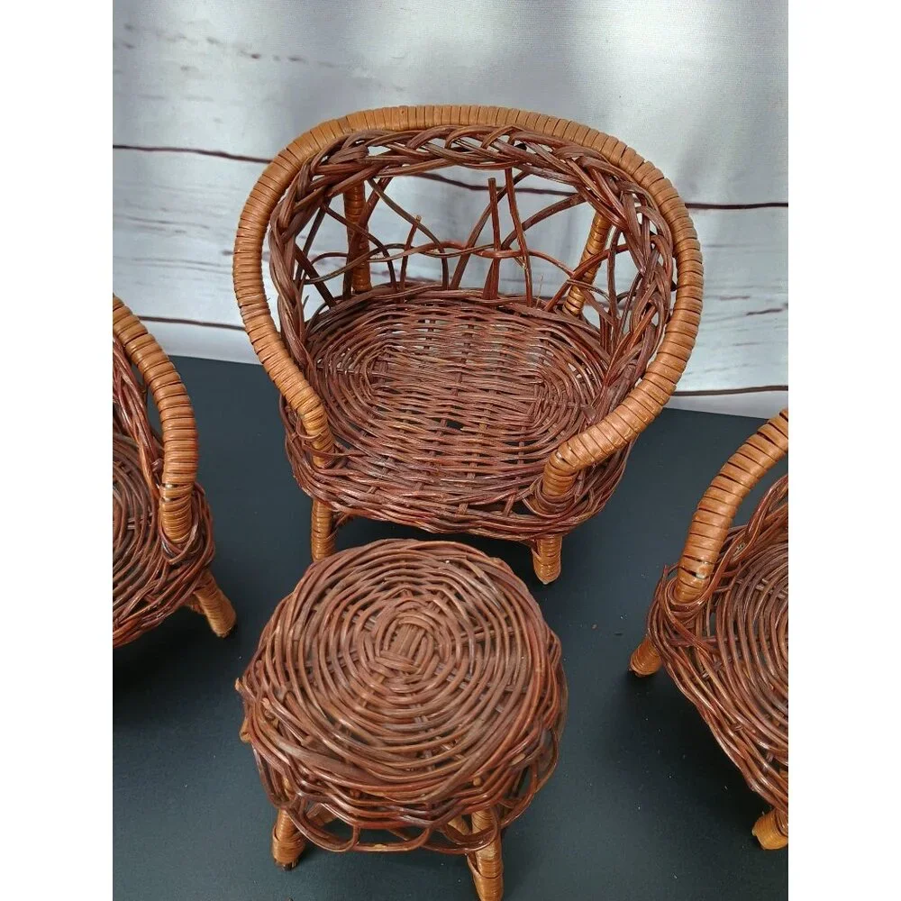 Vintage Miniature Doll 4-Pc Wicker Furniture Set Sofa + 2 Chairs & Table Handmad